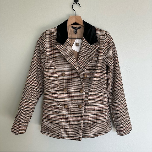 Forever 21 Plaid Double Breasted Velvet Collar Gold Buttons Blazer Jacket - Picture 1 of 4